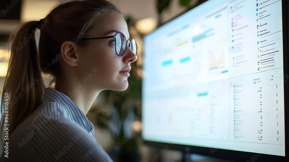 Poster a young woman wearing glasses looks intently at a computer screen displaying a chart and a table of 