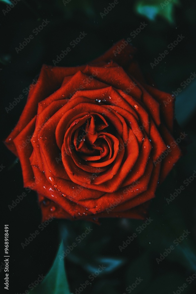 Wall mural red bright rose with waterdroplets