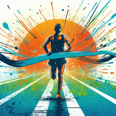 Runner crossing the finish line with colorful energetic splashes

