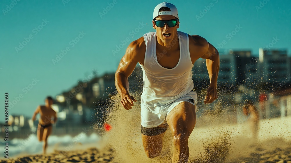 Sticker A young man wearing a white tank top and sunglasses running on a sandy beach.