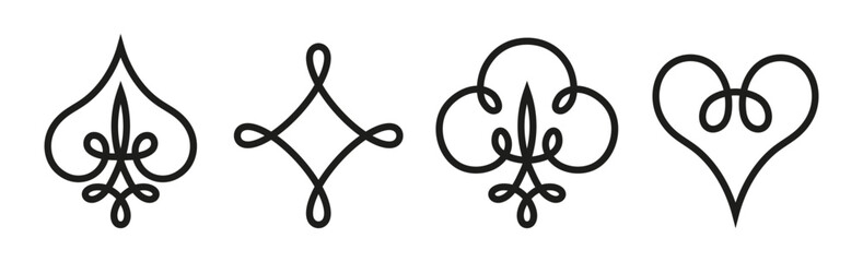 Playing card suits. Spades, Hearts, Diamonds and Clubs.	