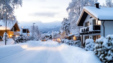 Fototapeta premium A serene suburban street covered in snow with view of cozy houses and scenic mountains in the background during a calm winter afternoon, capturing a peaceful neighborhood, 180 chars.