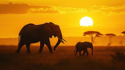 Fototapeta premium Silhouetted elephants walking across the African savanna at sunset with golden sky