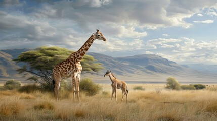 Obraz premium A mother giraffe nuzzles her newborn calf on the savanna.