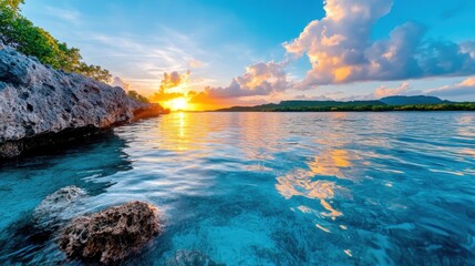 Obraz premium A stunning sunset view captured from a rocky shoreline, with calm, clear waters reflecting the vibrant colors of the sky and distant, lush greenery in the background.