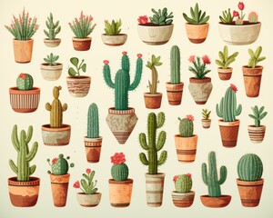 Illustrated set collection of various cactus in pots
