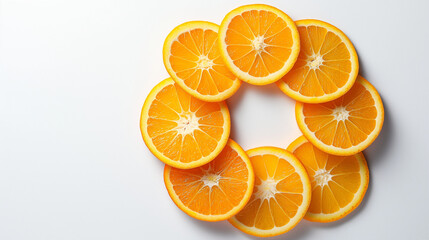 Orange slices arranged in a circle on white background with copy space