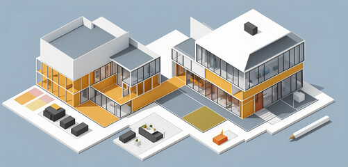 Obraz premium Illustrative frontal view of a new, modern and clearly architecturally planned house with insight into the room layouts, new modern architecture, architectural drawing