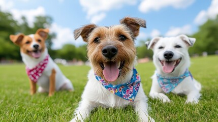 Three adorable dogs wearing colorful bandanas are seen at a park. The center dog is the focus, with one dog in the background and another one with a blurred face.