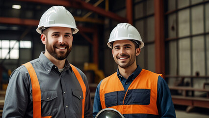 Two employees working in industry factory wear helmet for safety.