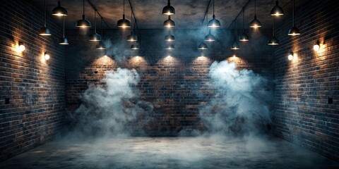 Fototapeta premium Dark atmospheric room with glowing lights and floating smoke, surrounded by brick walls