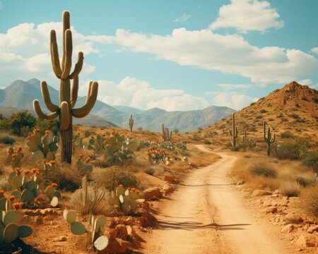 Hiking road in the desert with cacus and hills in the background