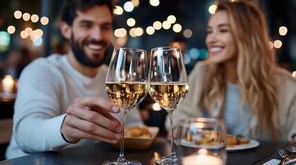 A couple sitting at a table, toasting with glasses of wine, lit by soft ambient lights, creating a romantic and intimate atmosphere during a night outing at a restaurant.