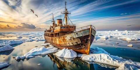 Obraz premium a decrepit, rusted icebreaker shipwreck beset by perpetually gathering sea ice, frozen wings of the North wind holding the vessel in its icy grasp.