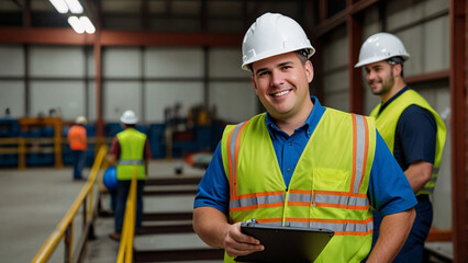 Two employees working in industry factory wear helmet for safety.