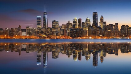 Fototapeta premium Glowing City Skyline Reflecting on Water at Night