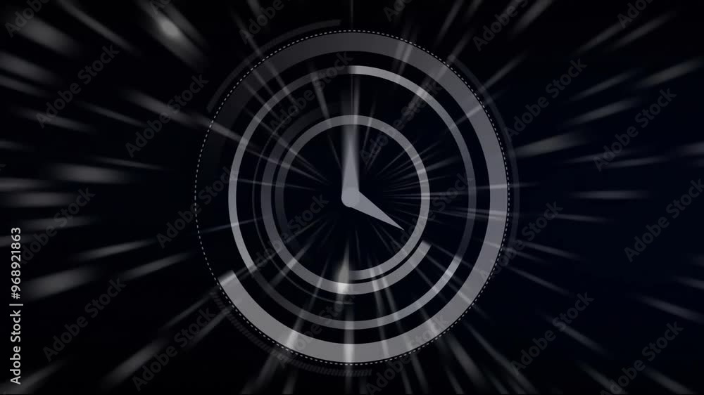Poster animation of moving clock over light trails on black background
