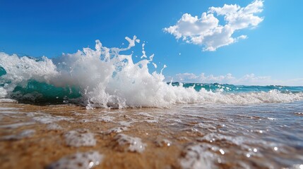 A vibrant and dynamic moment captured as waves break rhythmically onto a sandy shoreline under an azure sky, emphasizing the beauty and energy of the seaside environment.