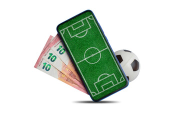 Soccer bet concept: smartphone with soccer field on the screen along a soccer ball and some euro banknotes isolated © cristianstorto