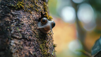 Obraz premium small snail with big eyes, on the trunk of a tree with moss, with a blurred background, cartoon style