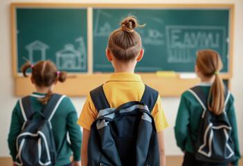 Obraz premium Back view of junior children girl in school uniform standing in classroom.