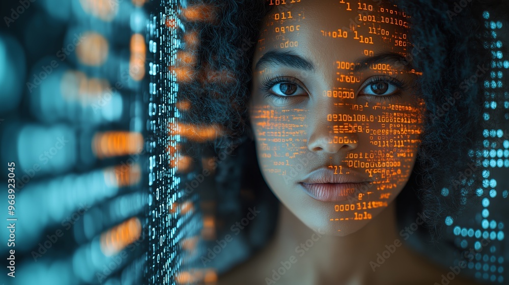 Aufkleber a woman's face is projected onto a wall of binary code. concept of technology and digital art, with 