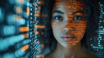 A woman's face is projected onto a wall of binary code. Concept of technology and digital art, with the woman's face appearing as a complex pattern of numbers and symbols. Scene is somewhat abstract