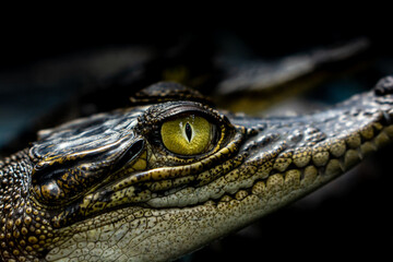 Close-up Baby crocodile in the exhibition at zoo, Close-up yellow eye of baby crocodile