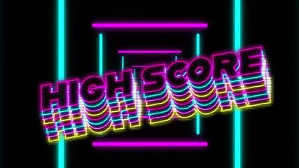 Animation of high score text over neon shapes on black background - Powered by Adobe