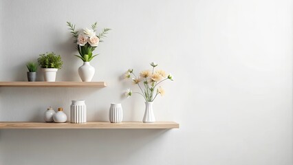 Minimalist shelf with decorative objects and flowers in natural light