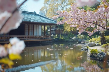 A serene scene of a traditional Japanese garden with a koi pond cherry blossoms and a wooden bridge