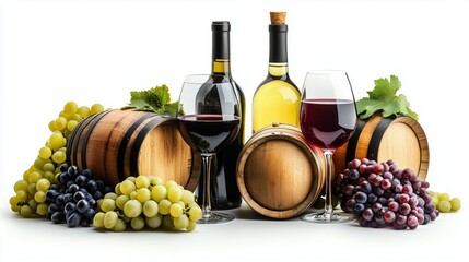 Obraz premium Assorted wine bottles and barrels surrounded by grapes in a rustic vineyard settings