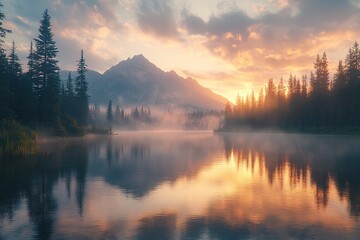 A serene sunrise over a quiet lake in the Canadian Rockies with mist rising from the water