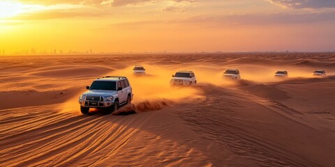 Off-road vehicles driving on desert dunes at sunset.
