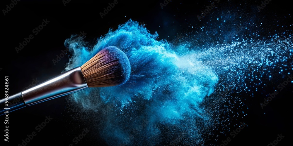 Wall mural cosmetic brush creating a vibrant blue powder explosion on a black background