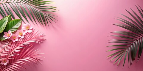 Pink gradient studio background with flowers, palm leaves, and shadow details, perfect for summer presentations and designs