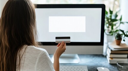 A woman holding a credit card, facing a blank computer screen, with a workspace background ready for online purchase mockups