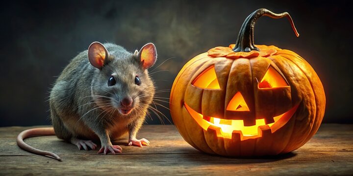 Halloween pumpkin carved with a stunning design next to a zombie rat with glowing eyes