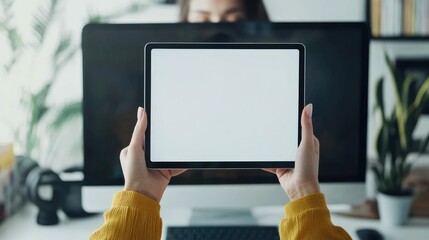 A woman holding a digital tablet with a blank screen in front of a desktop monitor, ideal for showcasing digital designs or apps d0cce06a441c