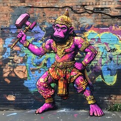 Colorful Graffiti Mural of a Monkey Deity with a Hammer.