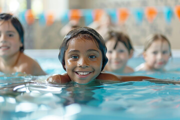 Obraz premium Diverse young children enjoying swimming lessons and having fun in indoor pool
