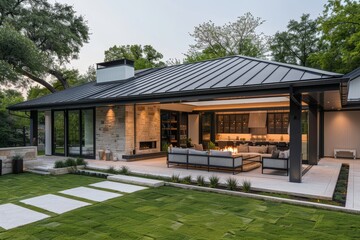 Naklejka premium Modern open-air patio with black metal roof, white concrete floor, outdoor seating, fire pit, and lush backyard in Texas style home.