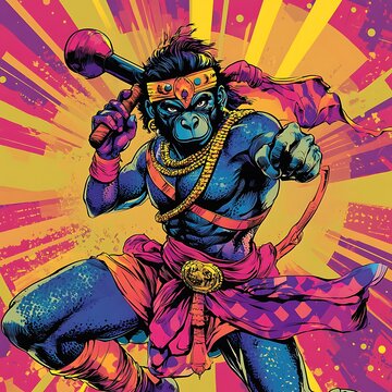 Powerful Hindu God Hanuman with a Mace in a Vibrant Illustration.