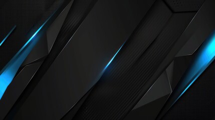 A sleek, modern graphic design featuring dark geometric shapes with glowing blue accents.