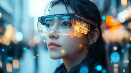 AI-enhanced smart glasses providing live information overlays in real-world scenarios: A person walking through a city, with AR glasses displaying important information.