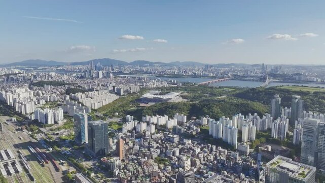 Drone View of Seoul city in South Korea, Sangam, broadcasting station, summer, 60fps