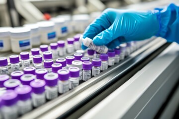 Scientists Hand in Blue Glove Holds Vial Over Production Line, Medical Research Concept