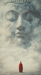 A serene scene where a monk in a vivid red robe stands with their back to the viewer, gazing up at a colossal, ethereal Buddha face that seems to form out of mist and smoke