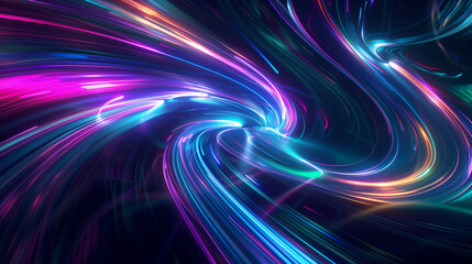 Abstract swirling light paths of neon colors on a dark background