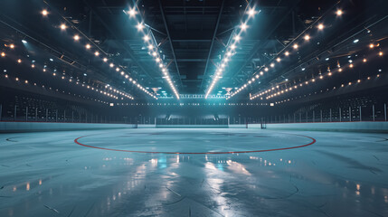 Professional hockey stadium with an empty ice rink and lights.